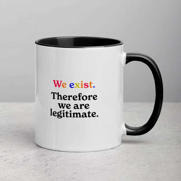 back of a black and white enamel mug with a quote from Menachem Begin that reads: "We exist. Therefore we are legitimate."