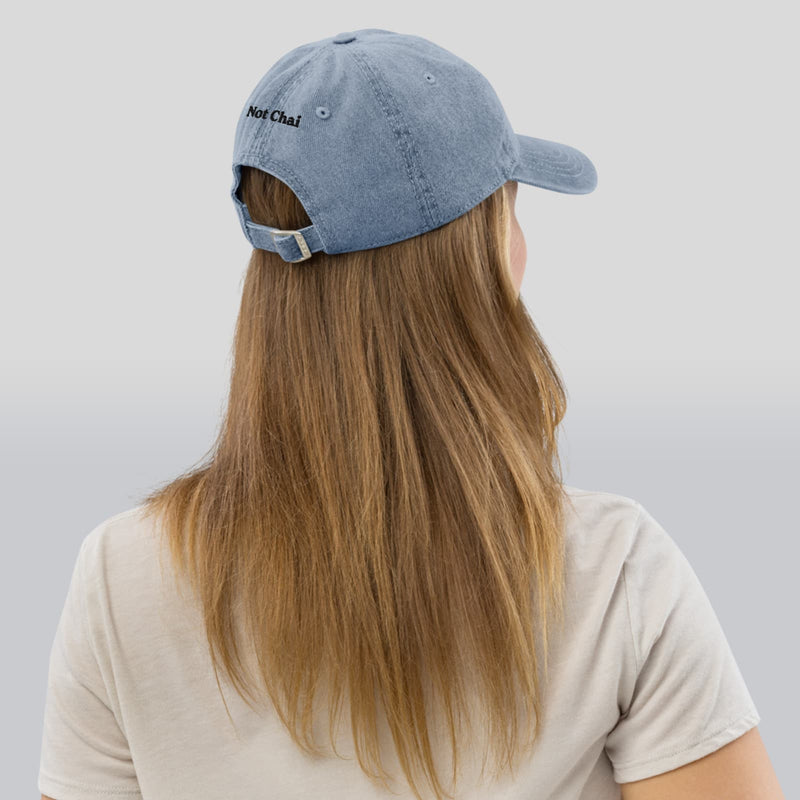 chai not chai חי לא חי denim hat back of model with long hair