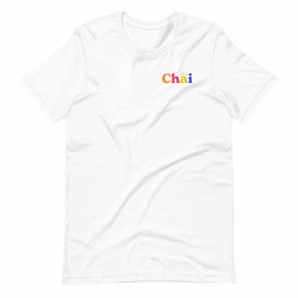 chai not chai חי לא חי t-shirt, with the front design reading "chai" in multicolored letters