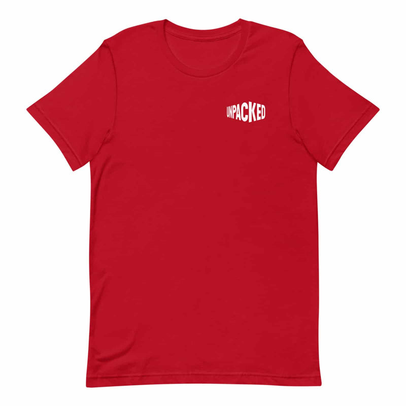 red t-shirt with the Unpacked brand logo in white printed small onto the pocket area