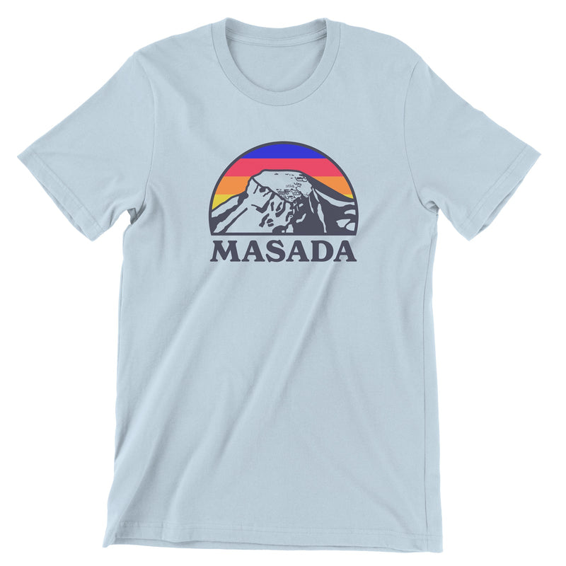 light blue colored t-shirt with an illustration of the Masada mount in Israel