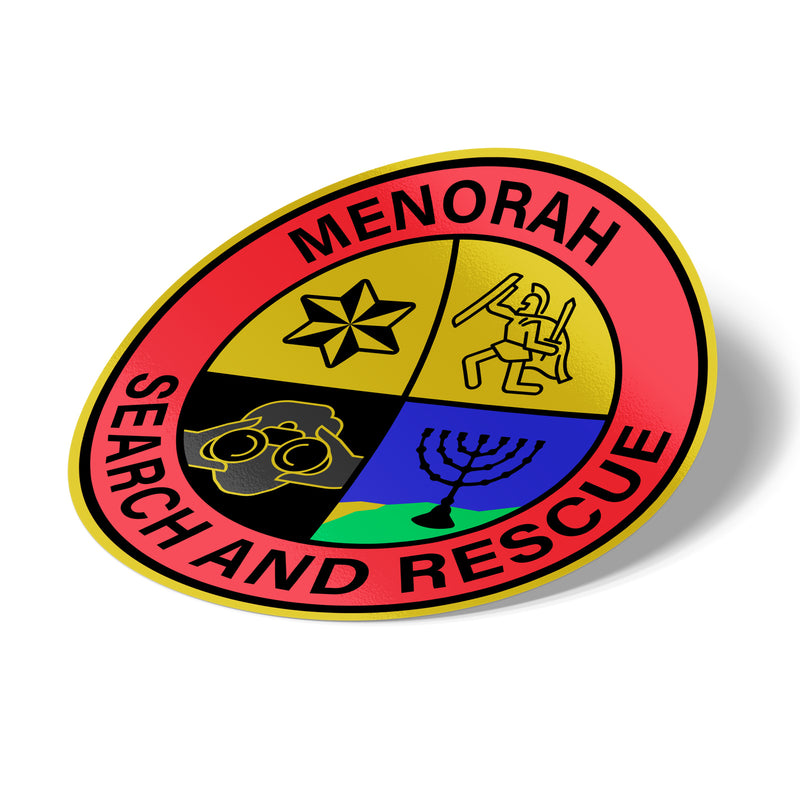 round sticker designed in the form of an emblem that reads "menorah search and rescue"
