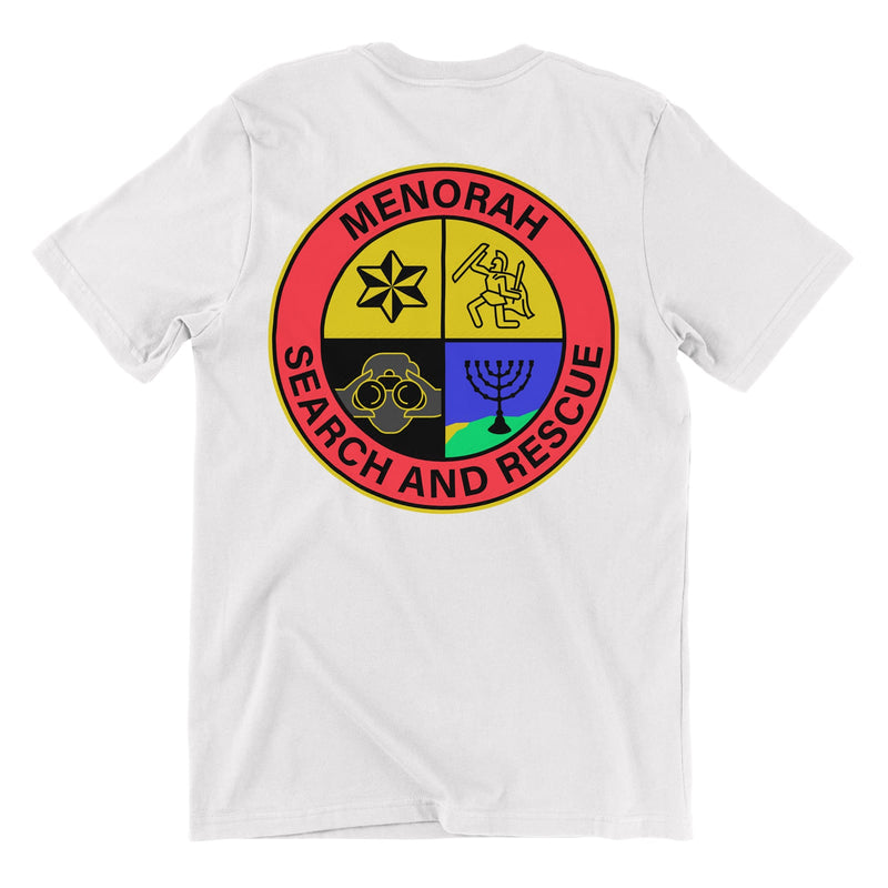 white tshirt with a "menorah search and rescue" emblem printed on back. also in the design are icons of a start of David, roman warrior holding a shield, a person with binoculars, and the jewish temple menorah