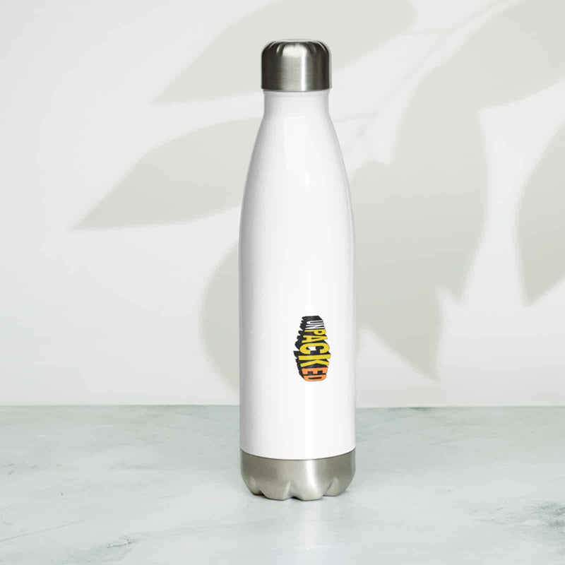 back of out MOT water bottle with the Unpacked brand logo in a matching grungy design
