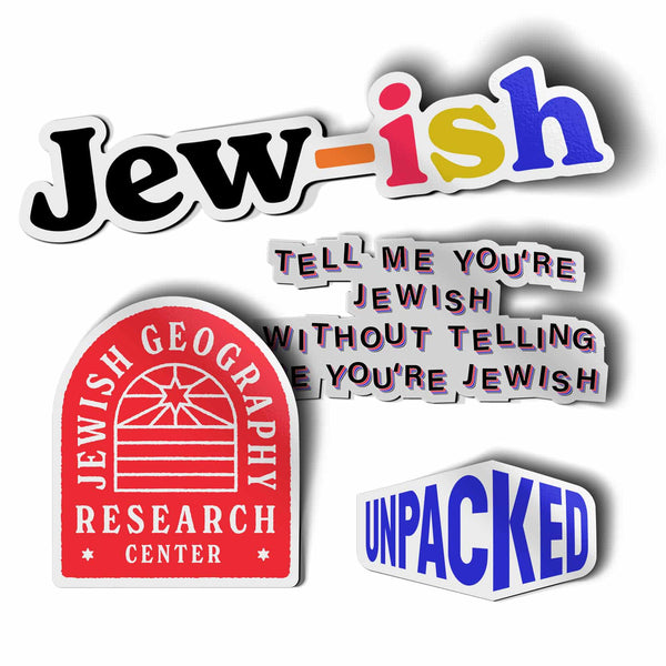 four colorful jewish-themed stickers