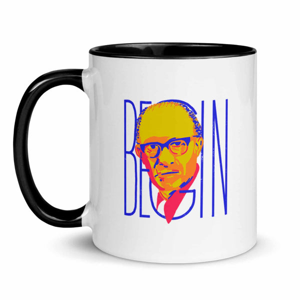 black and white ceramic mug with a colored illustration of Menachem Begin, imposed above the word "BEGIN"