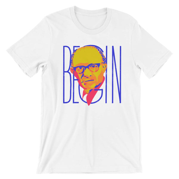 white t-shirt with an illustration of late Prime Minister Menachem Begin. His face is interweaved with letters spelling his last name: "BEGIN"
