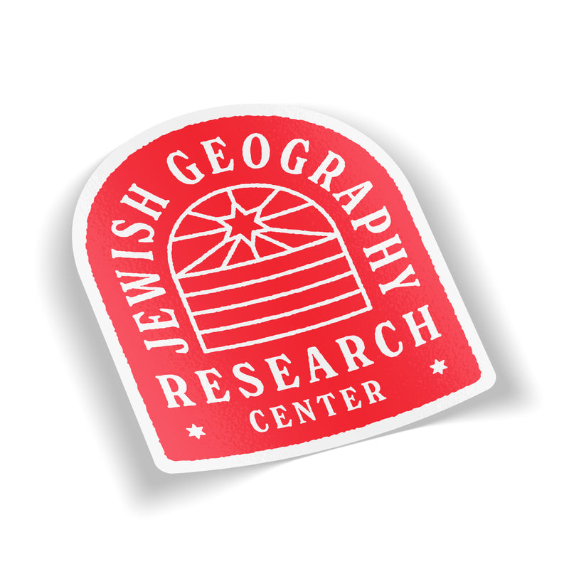 red sticker with a design that reads "jewish geography research center"