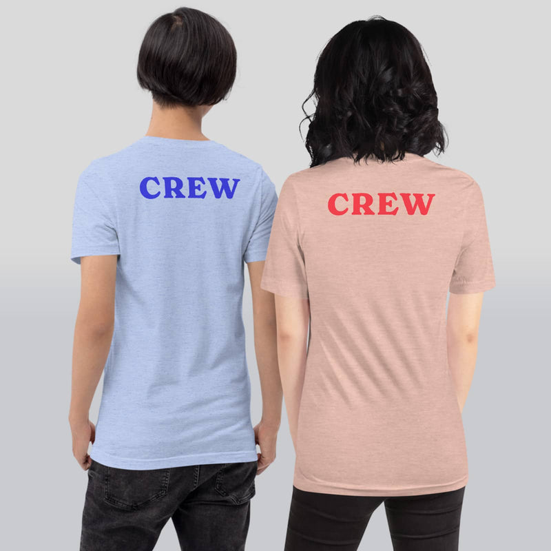 two models wearing shirts, both reading "CREW" in all caps on the back. one shirt is light blue with blue letters, and the other is salmon colored with red letters.