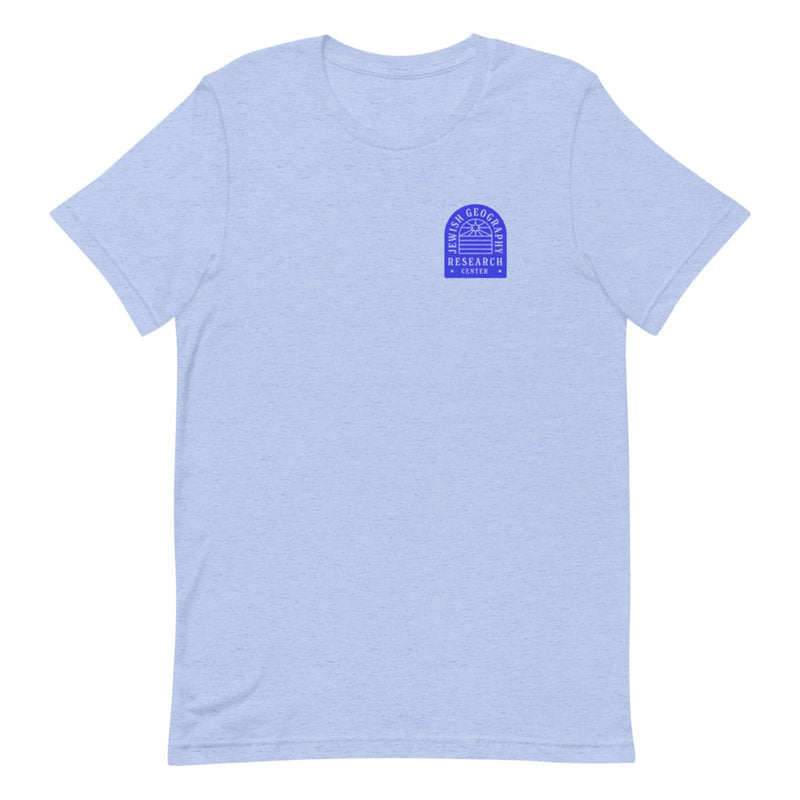 light blue colored shirt with a design in blue that reads "jewish geography research center"