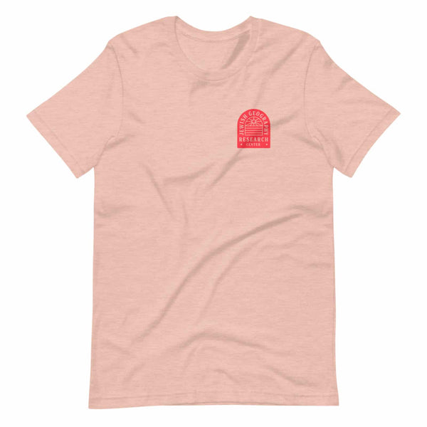 salmon colored shirt with a design in red that reads "jewish geography research center"