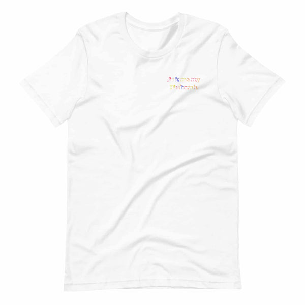 white t-shirt with design that reads "ask me my haftorah"