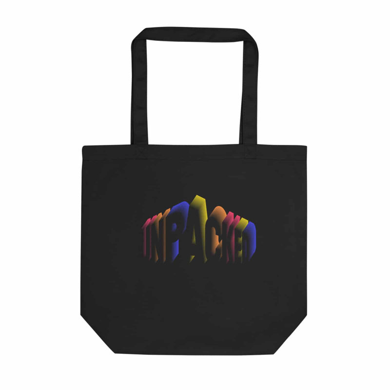 black colored tote bag with the Unpacked brand logo imprinted on it