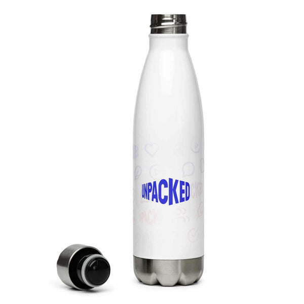 metal water bottle with the Unpacked brand logo in blue, and brand icons in very soft colors