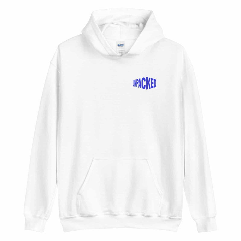 white plush hoodie with the Unpacked brand logo in blue printed small onto the pocket area