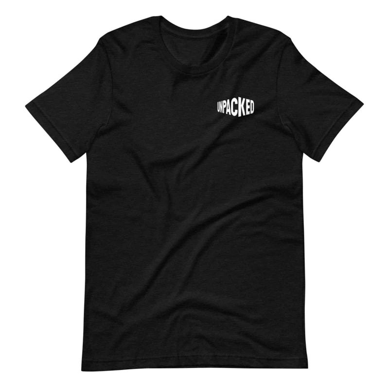 black t-shirt with the Unpacked brand logo in white printed small onto the pocket area