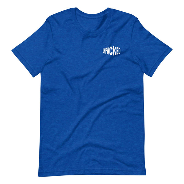 blue t-shirt with the Unpacked brand logo in white printed small onto the pocket area