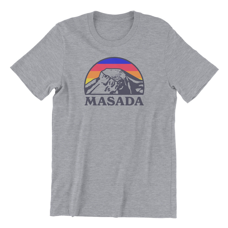 gray colored t-shirt with a multi-colored illustration of the Masada mount in Israel