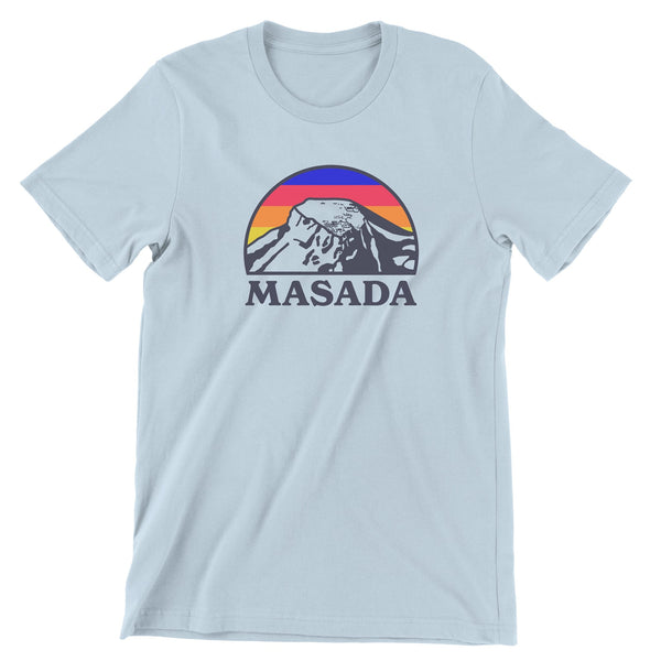 light blue colored t-shirt with an illustration of the Masada mount in Israel