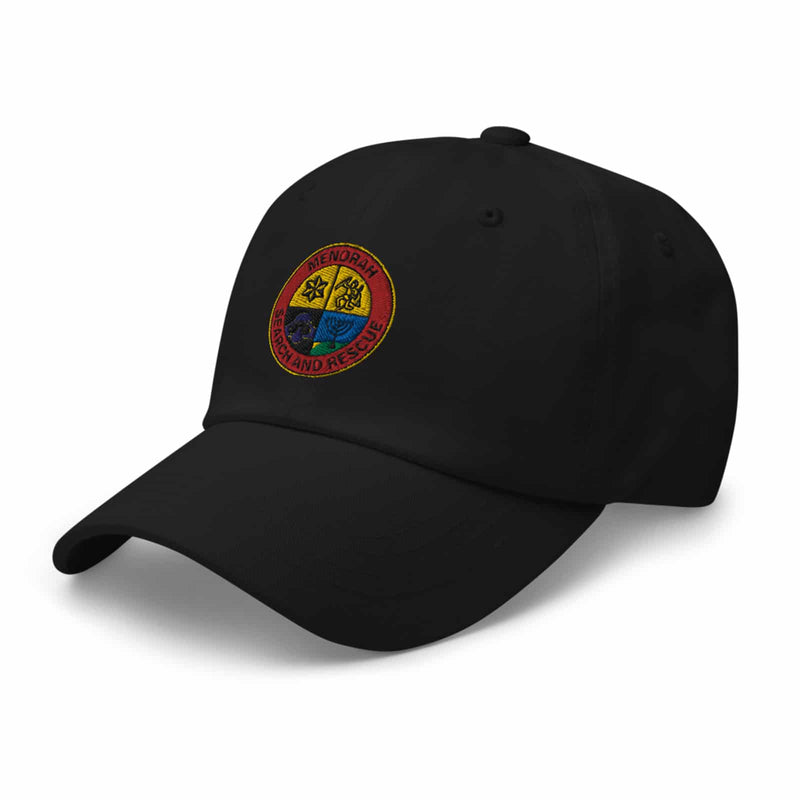 black-colored dad hat with a sewn patch. design is an emblem of the "menorah search and rescue" team