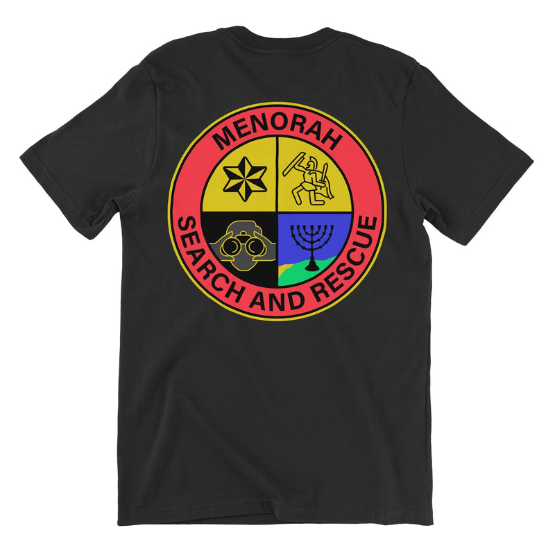 black tshirt with a "menorah search and rescue" emblem printed on back. also in the design are icons of a start of David, roman warrior holding a shield, a person with binoculars, and the jewish temple menorah