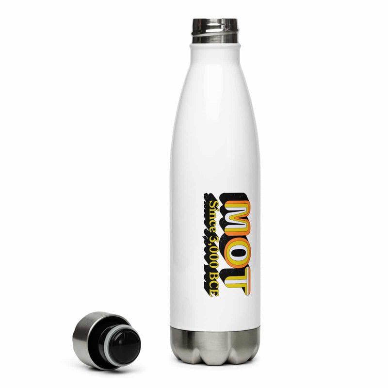 metal water bottle with a grungy design that reads "MOT since 3,000 BCE". MOT referring to Member of the (Jewish) Tribe