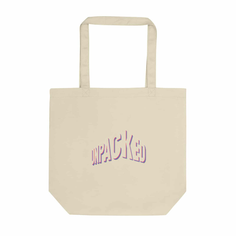 back of cream colored tote bag with the Unpacked brand logo with effect to match the front design