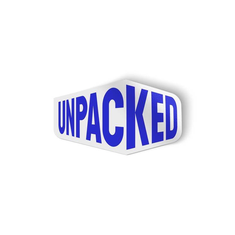 sticker of the Unpacked brand logo in blue